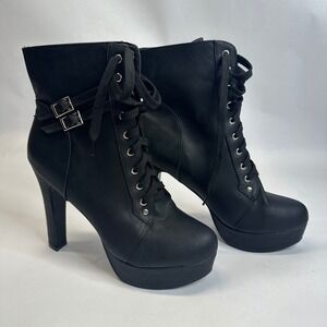 Black Faux Leather Platform Lace Up Ankle Boots Block Heel Buckle Detail Size 45